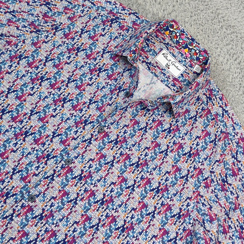 Robert Graham Mens 2XL Classic Fit Mosaic Tile Print Linen Cotton Shirt SS